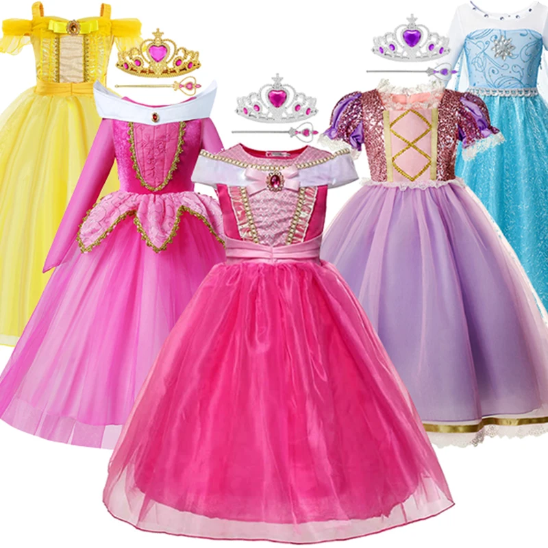 

Платье Принцессы Диснея Аврора, Холодное сердце, Эльза, Анна, Детский костюм для косплея для девочек на день рождения, аксессуары для детей, красивые наряды