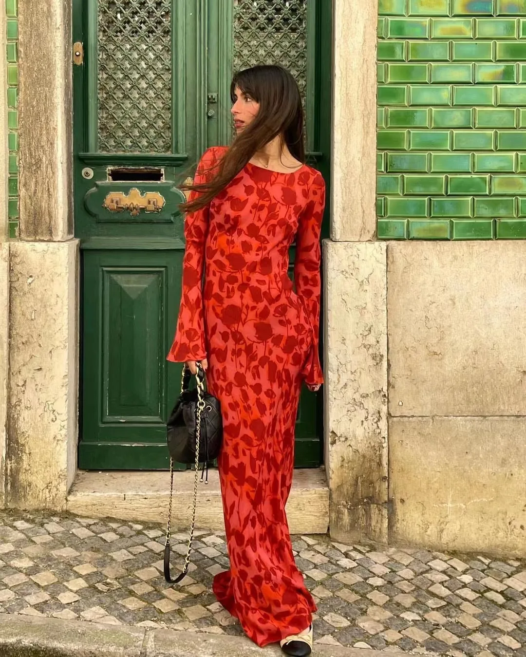 Women Floral Printed O-Neck 100% Silk Long Sleeve Fashion Maxi Dress