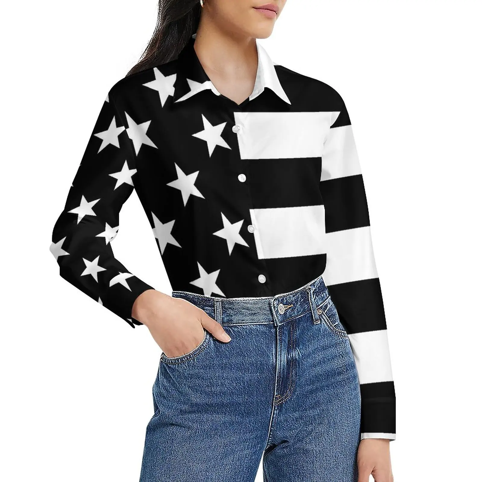 

American Flag Blouse Women Black and White Casual Loose Blouses Long-Sleeve Funny Shirt Design Top Big Size