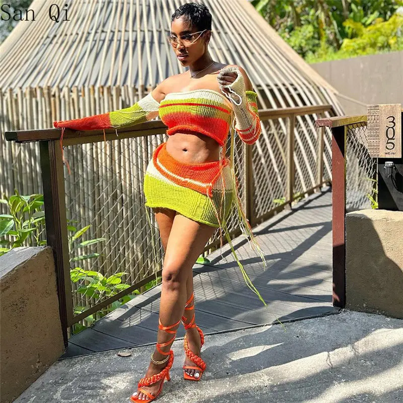 

Colorful Print Knit 2 Piece Set Women Long Sleeve Patchwork Tassel Top+High Waist Skirts +Sleeves Lady Party Clubwear Outfits