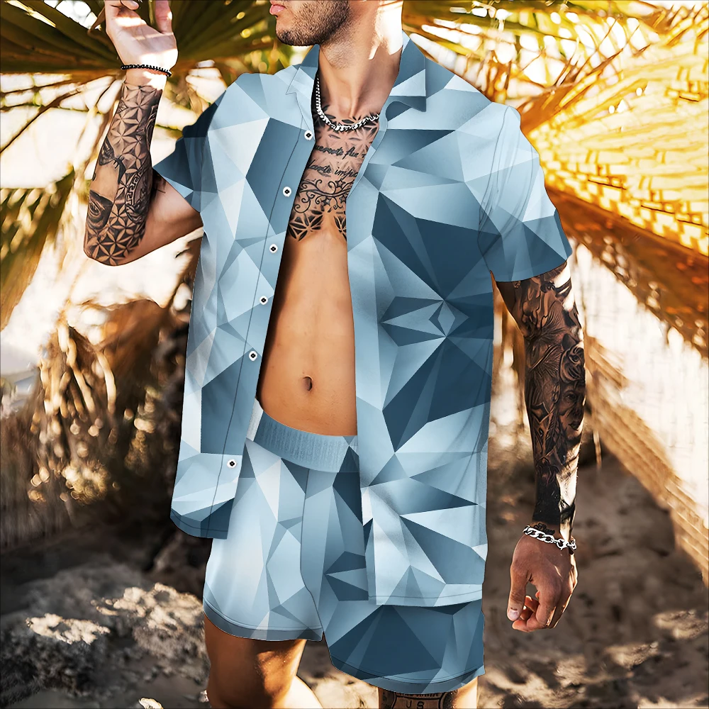 

TOP New Men's Hawaiian Beach Shirt Set Sports Fashion Pattern Printed Shirt Beach Shorts Summer Men's Casual T Free Shipping