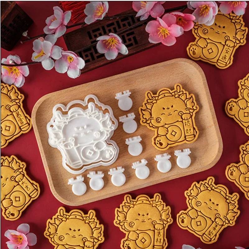 

2024 мультяшная форма для печенья в виде дракона, Весенний фестиваль, счастливые Китайские слова, штамп для тиснения печенья, инструменты для украшения выпечки, торта