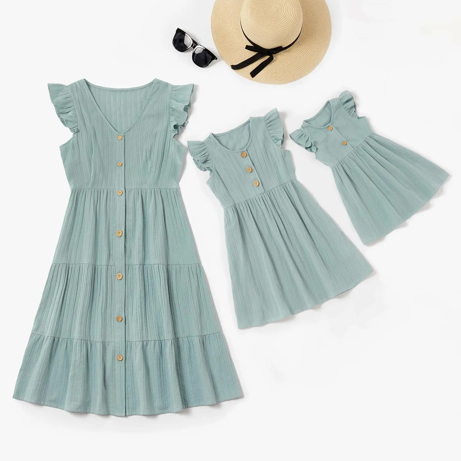 PatPat  New Arrival Summer Cotton Solid Ruffle Matching Dresses Matching Outfits Mommy and Me Mother and Children's Clothing