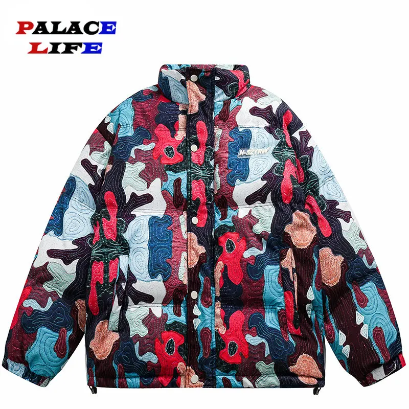 Men Jacket Parka Streetwear Retro Jigsaw Graphic Embroidery Harajuku Padded Jacket Winter Cotton Windbreaker Warm Thick Unisex