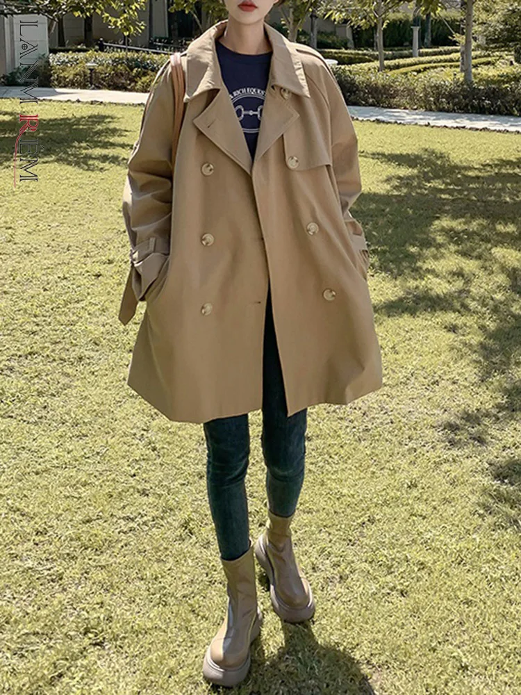 

LANMREM British Style Khaki Trench Coat Long Sleeves Lapel Double Breasted Windbreaker Female Casual Clothing Autumn New 2DA1781