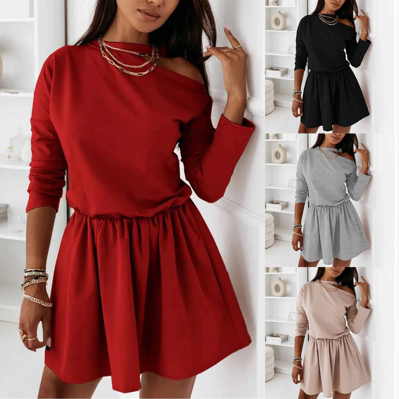 

Ladies Round Neck Long Sleeve Solid Color Dress Fashion Sexy Off Shoulder Dress Dress Summer