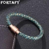 fortafy jewelry for women men bracelet vintage green braided leather bracelet rose gold color magnetic clasp wristband fr0252gr