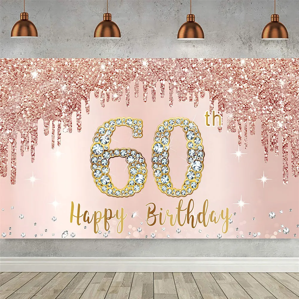 

Happy 60th Birthday Party Decoration Backdrop Banner 60 Years Old Pink Rose Gold Photography Background for Women Sixty Bday