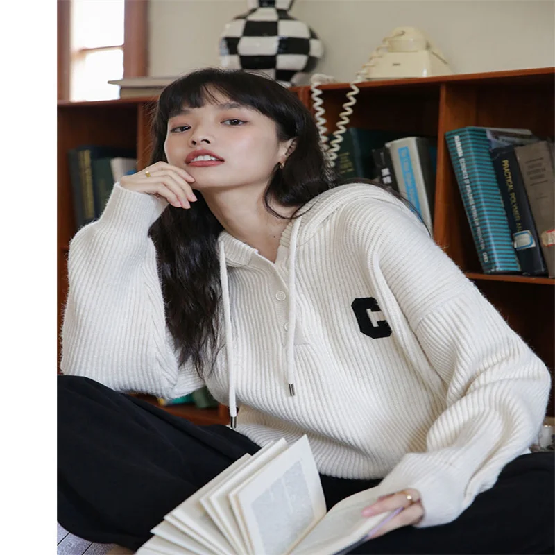 

Женский свободный пуловер с капюшоном Sandro River, белый шерстяной утепленный свитер, Осень-зима 2022