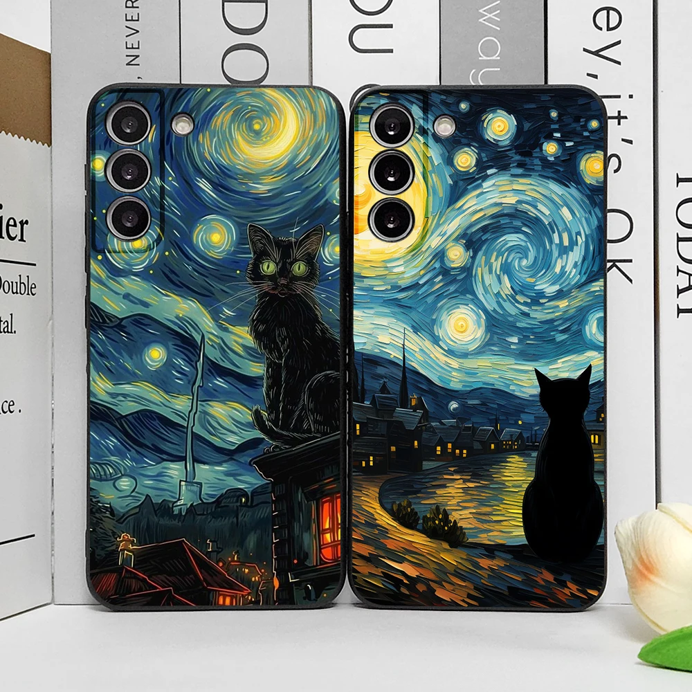 Artistic Black Cat Starry Night Phone Case for Xiaomi 14 Pro 13 Ultra 12Pro 12t 11t 11 10 Lite 5G Soft Cover Van Gogh Art Fundas