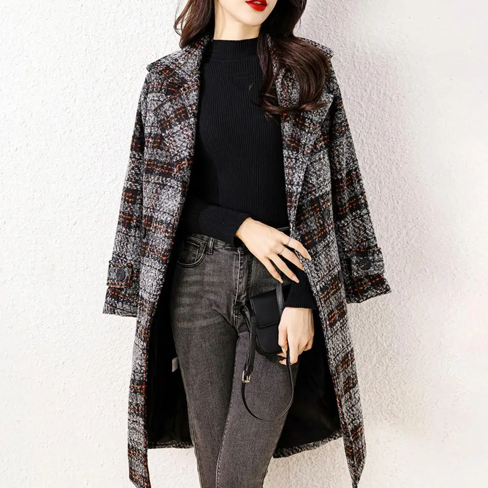 

Двубортное шерстяное пальто, Стильное женское зимнее пальто в клетку с принтом, двубортное приталенное пальто средней длины с лацканами и поясом с карманами