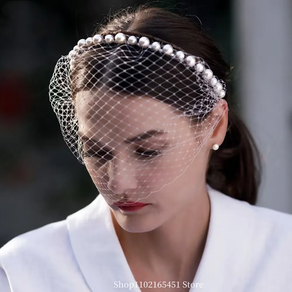 

White Pearl Birdcage Black Face Net Mask Veils Wedding Hair Accessories Wedding Headband Veil for Bridal Charming Fascinator