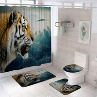 tiger jungle animal shower curtain bath mat set forest scenery bathroom screen toilet lid cover anti slip carpet flannel rug pad