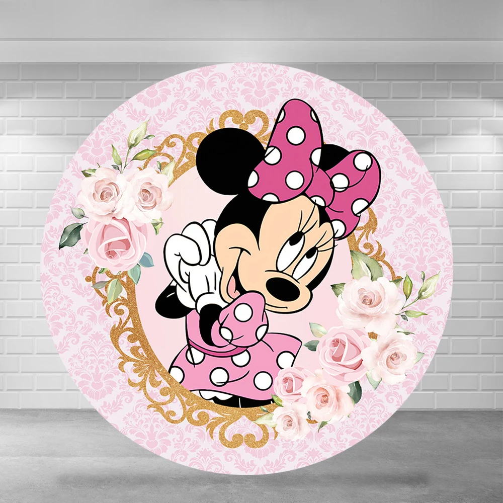 

Pink Flowers Minnie Mouse Round Backdrop Cover Girl Birthday Party Banner Photo Studio Circle Backgrounds