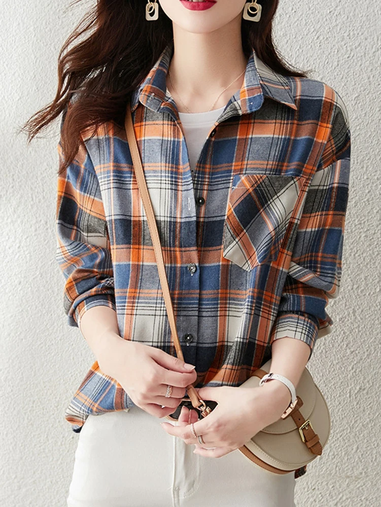 Клетчатая повседневная блузка женская мода весна-осень 2021 блузки с длинными
