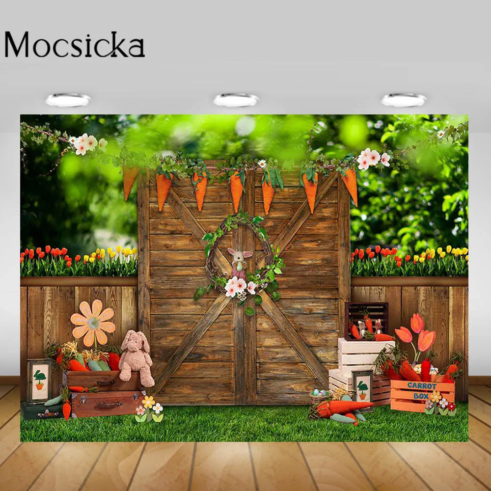 

Mocsicka Easter Spring Newborn Photography Backdrops Bunny Green Grass Wooden Door Photo Background for Photo Studio Photoshoot