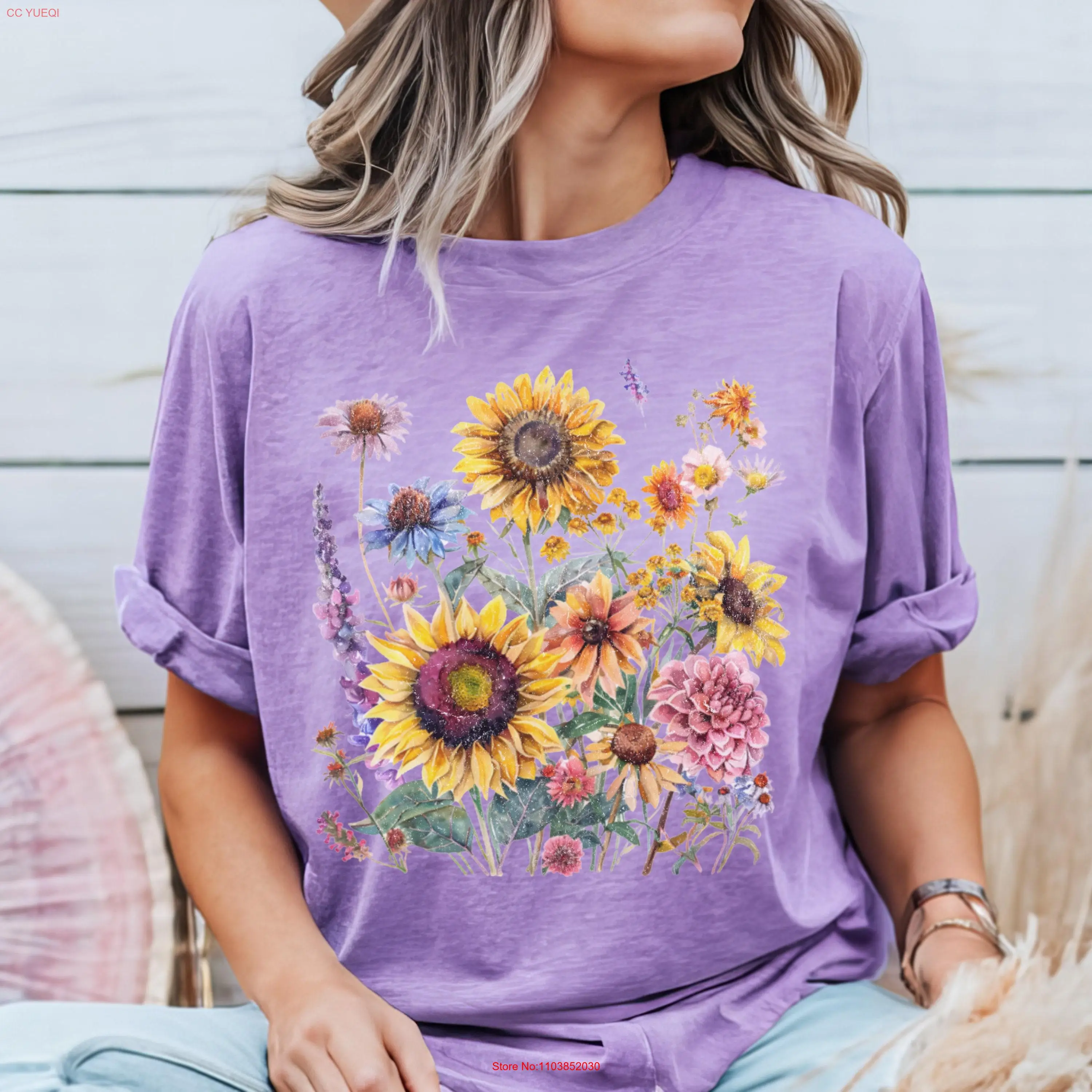 Осенняя футболка в стиле бохо с полевыми цветами и цветочным принтом природы
