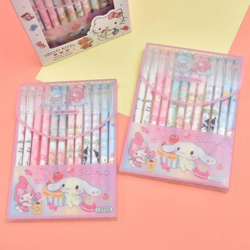 

12pcs Sanrio Hellokitty Mymelody Kuromi Purin Cinnamoroll LittleTwinStars Erasable Gel Pen Student Stationery Blue Black Pen