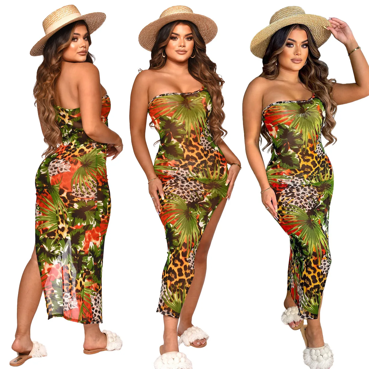 Forest Tropical Floral Print Sheer Mesh Irregular Midi Dress Summer Single Shoulder Bodycon Party Dress Vacation Outfits