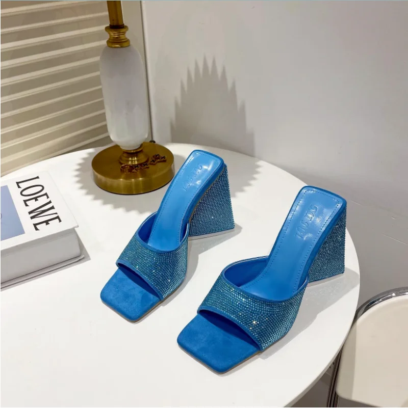New Summer Triangle Thick Heel Slippers Sexy Street Woman Square Toes Dress Party Shoes Size 35-41 Slippers Women Women Shoes