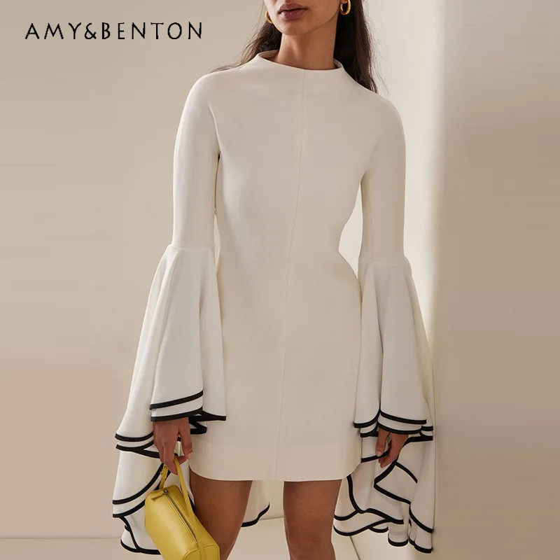 2023 Spring Autumn New European and American Style Dress Fashion Dignified Sense of Design Large Ruffle Sleeve Short Dress