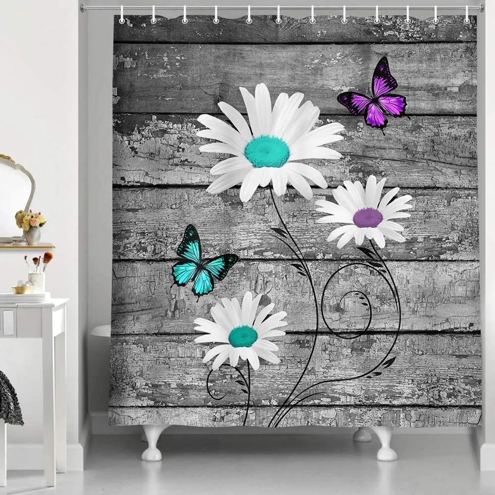 

Daisy Flower Shower Curtain White Floral Teal Butterfly Rustic Barn Wooden Bathroom Decor Polyester Fabric Bath Curtains Set