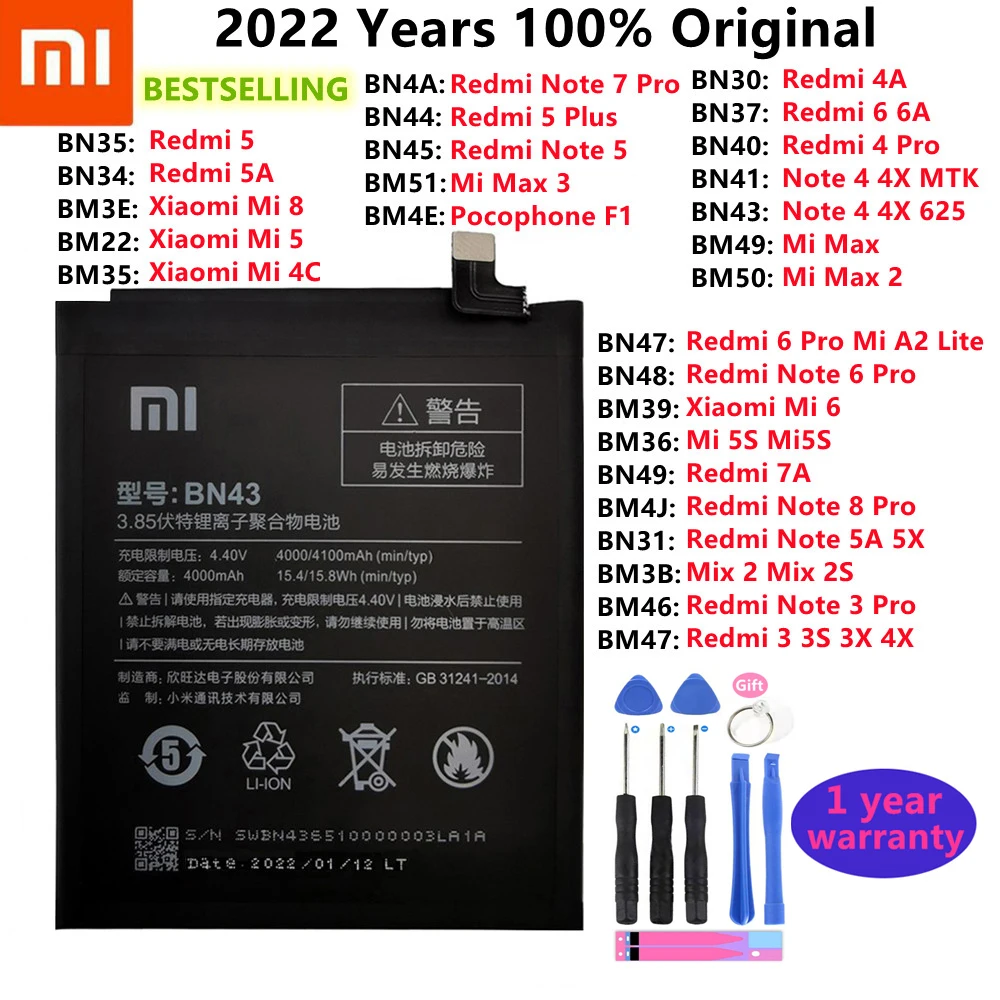 Оригинальный аккумулятор для Xiaomi Mi Redmi Note Mix Max 2 3 3S 3X 4 4X 4A 4C 5 5A 5S 5X M5 6 6A Mi6X 7 8 9 MI9 Pro Plus