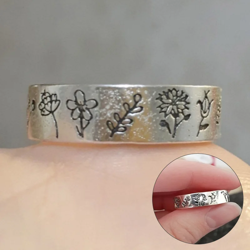 

1pcs Engraved Pastoral Flowers Dandelion Ring Jewelry Accessories Band Simple Fashion Bohemian Style