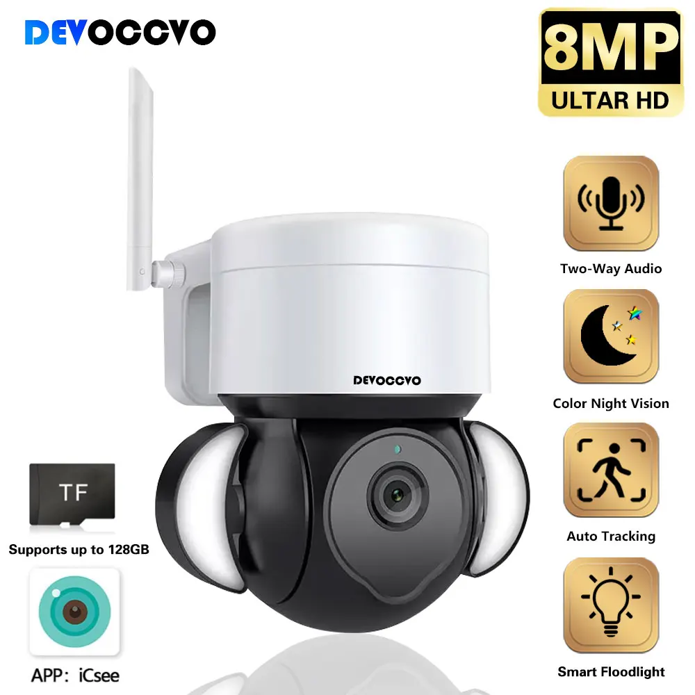 

8MP 4K Surveillance Floodlight Camera PTZ Outdoor Security Protection Kamera Dome Human Detection Compatible WIFI and RJ45 ICsee