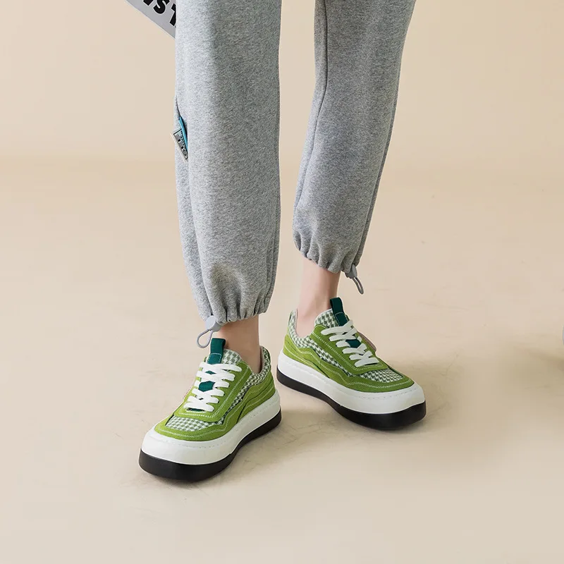Autuspin Green Plaid Canvas Shoes Women 2023 Fashion Four Season Casual Platform Suede Vulcanized Sneakers Outdoor Students