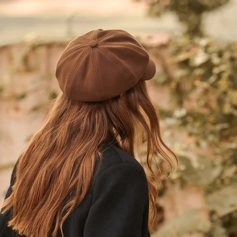 

High Quality Soild Color Woolen Octagonal Hat for Women Winter Warm Military Hats British Retro Beret Painter Caps