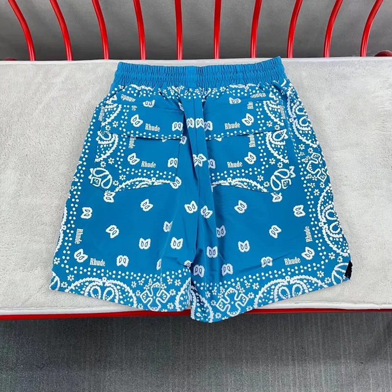 

Summer Streetwear Vintage Cashew Full Printing Rhude Shorts Men Women Long Drawstring Blue Green Khaki RHUDE Breeches With Tag