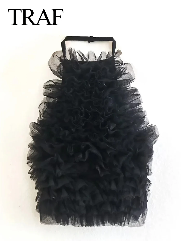 

Сексуальная модная женская уличная укороченная Трикотажная майка из тюля TRAF 2022, Черная Женская шикарная кофта без рукавов с открытой спино...