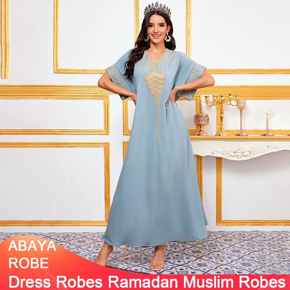 Middle East Dubai Muslim Fashion Casual European American Women's New V-neck Applique Short Sleeve Dress Robes Ramadan Muslim