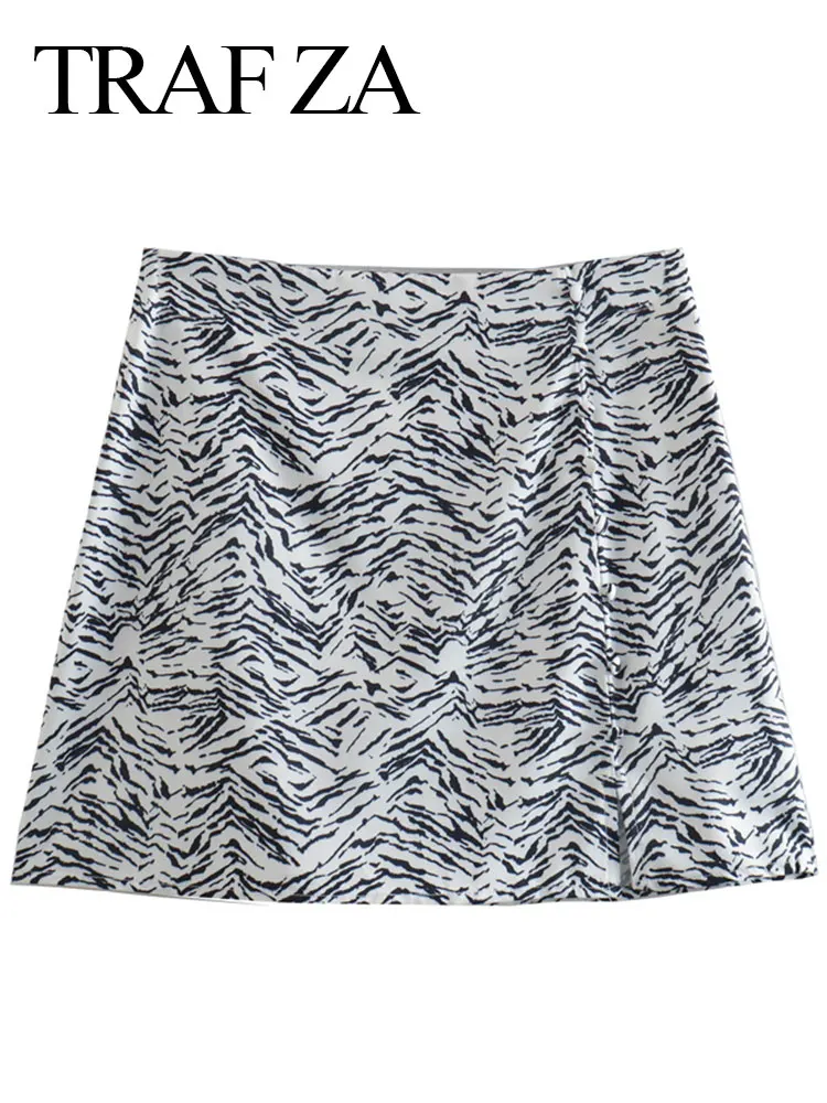 

TRAF ZA Versatile Elegant Slim A-Line Women's Short Skirt Sexy Fashion Black and White Zebra Print Ladies Bottom Skirt Summer