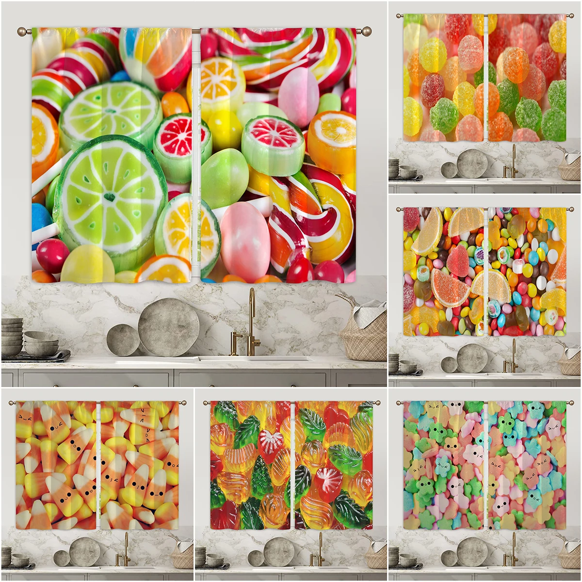 

Cute Candy 3D Digital Printing Curtain Kitchen Short Window Curtains 2 Panels