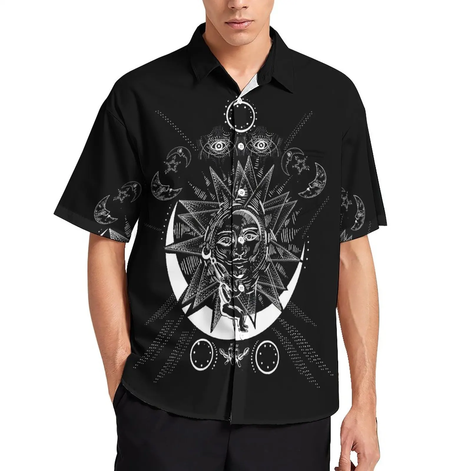 

Винтажная Повседневная рубашка с символом, Пляжная Свободная рубашка с принтом Мистик-солнце, гавайская уличная одежда, блузки, Топ оверсай...