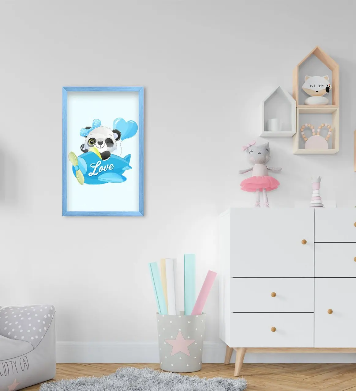 

BK Home Cute Panda Design Decorative Blue Wood Framed Kids Room Tablo-2
