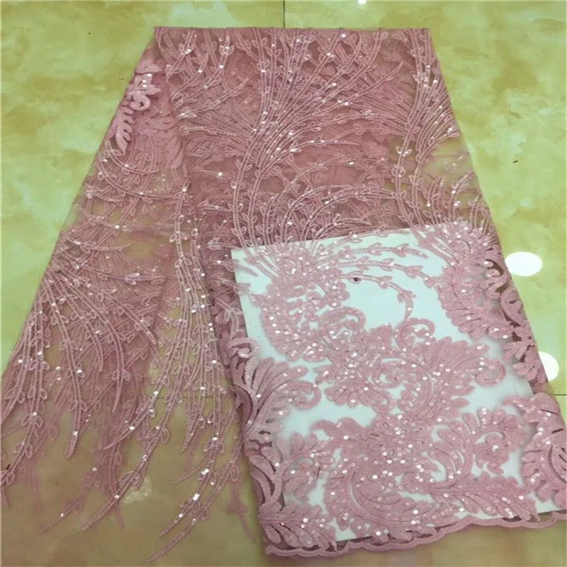 

2019 African high quality velvet sequence French Nigerian sequins net tulle mesh Swiss lace fabric for dress 5yards/lot Pink