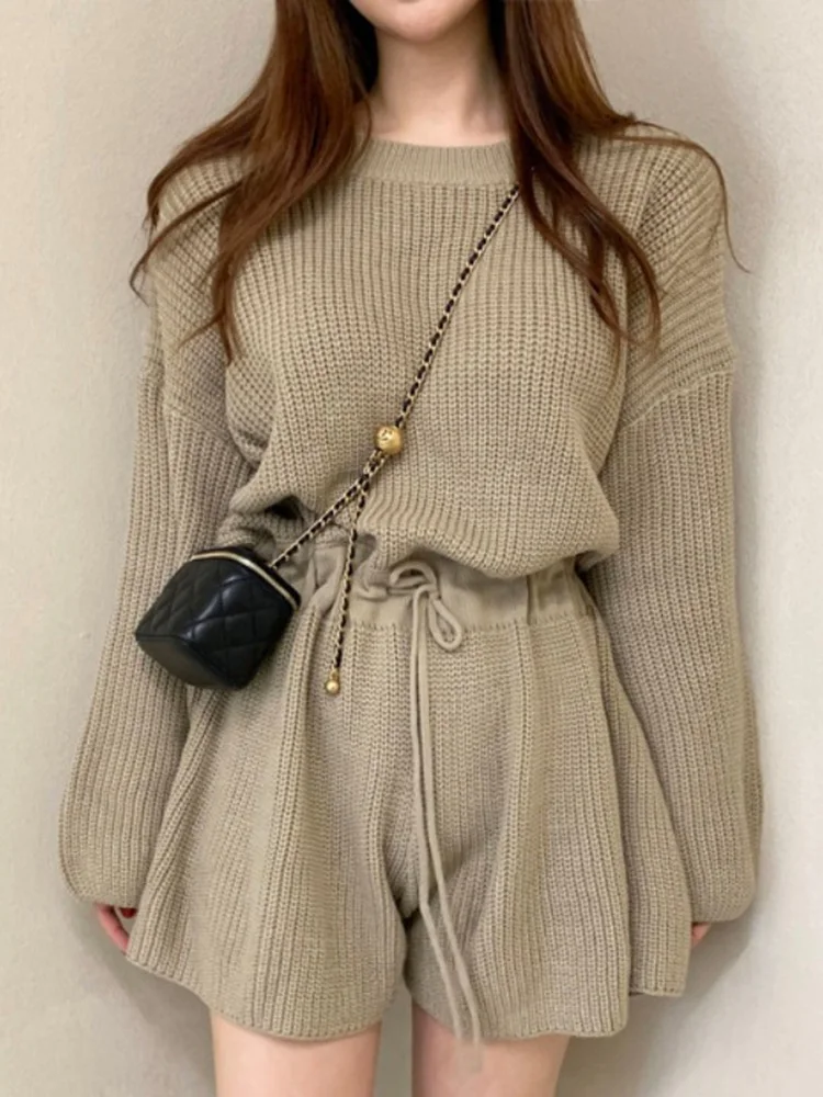 

Винтажный Женский трикотажный свитер на завязках с круглым вырезом и длинным рукавом, комбинезон с широкими штанинами и шортами