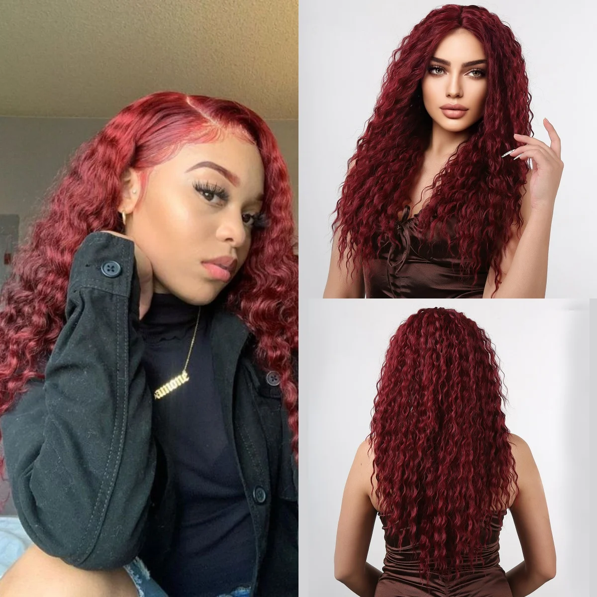 

HAIRCUBE Wine Red Kinky Curly Synthetic Wigs for Black Women Long Deep Wave Afro Lace Front Wigs High Temperture Daily Use Party