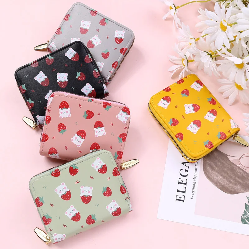 

New short wallet female bear strawberry printed card bag female student change wallet mini cute leather wallet key case