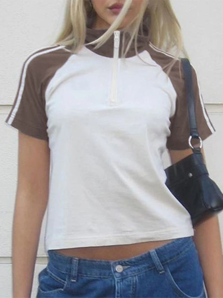 

SEASONS Fitness Short Sleeve T-shirt Summer Outfits Zip Up High Collar Korean Women Crop Top Streetwear Y2K Stripe Tee ASTS86503