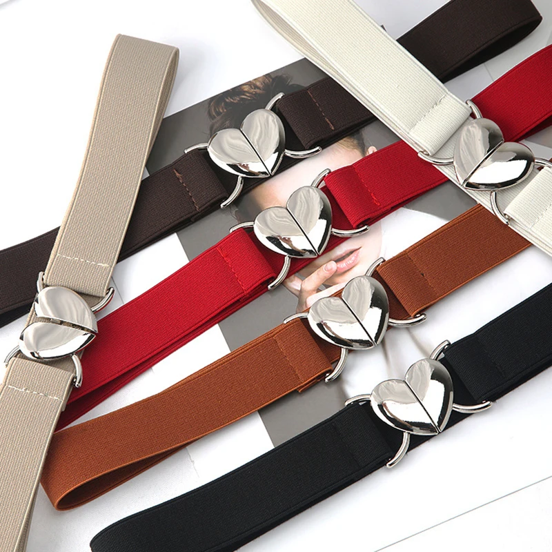 

Exquisite For Woman Metal High Quality Love Heart Buckle Waist Accessories Elastic Belts Thin Belts Narrow Waistband Dress Belts