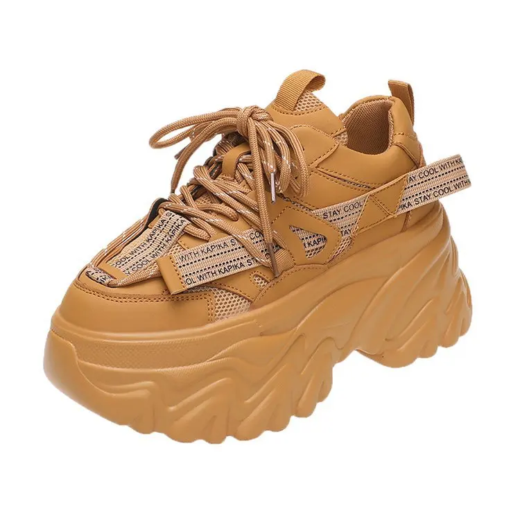 

Women Platform Sneakers 2022 Autumn Sport Dad Shoes 8CM High Heels Woman Lace-up Chunky Sneakers Breathable Leather Casual Shoes