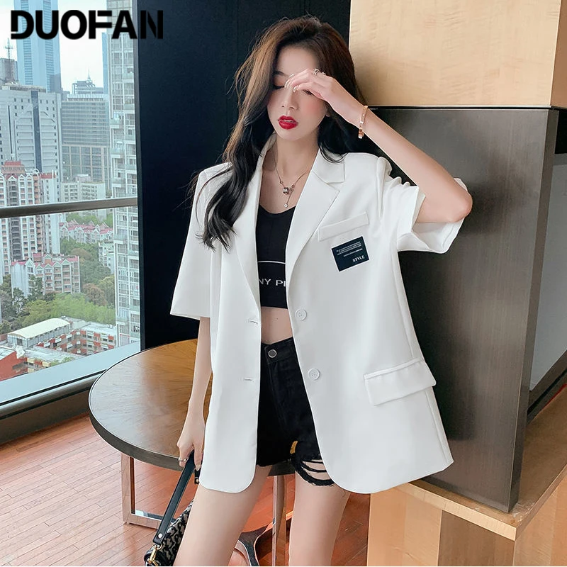 

DUOFAN Blazers Women Loose Unisex High Street Suit Coats Popular Solid Color Pockets Half Sleeve Summer Vintage Outwear