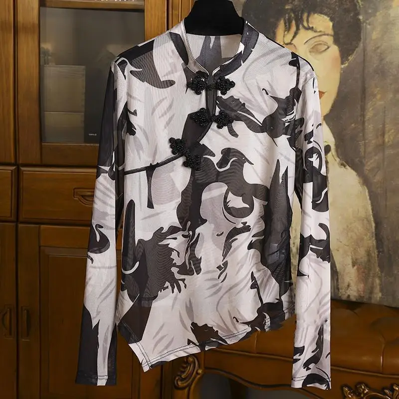 

Retro Button Breathable Mesh Yarn Long Sleeve 2022 New Slim Versatile T Shirt Fashion Top Women