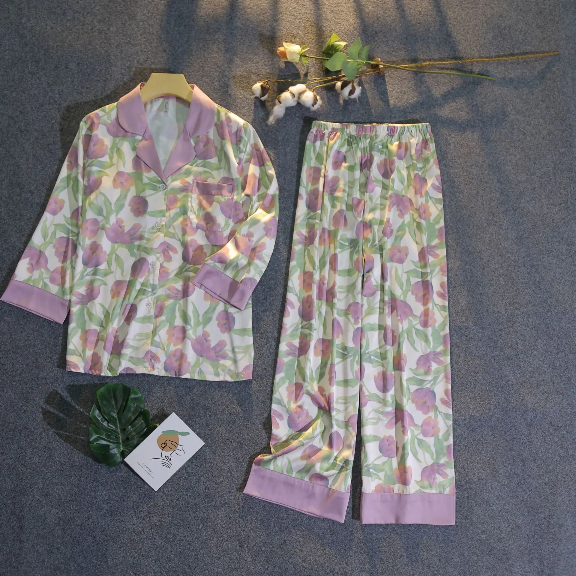 

High Quality Pajamas for Women Tulip Floral Elegant Satin Silk Sleepwear Pyjamas Long Sleeve Summer Home Clothes Outfits 2023