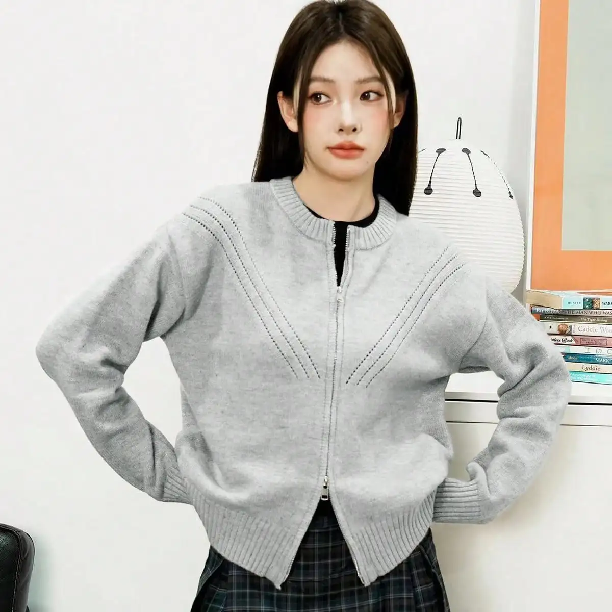 Южнокорейский Dongdaemun осенний нишевый дизайн двойная молния вырез вязаный женский