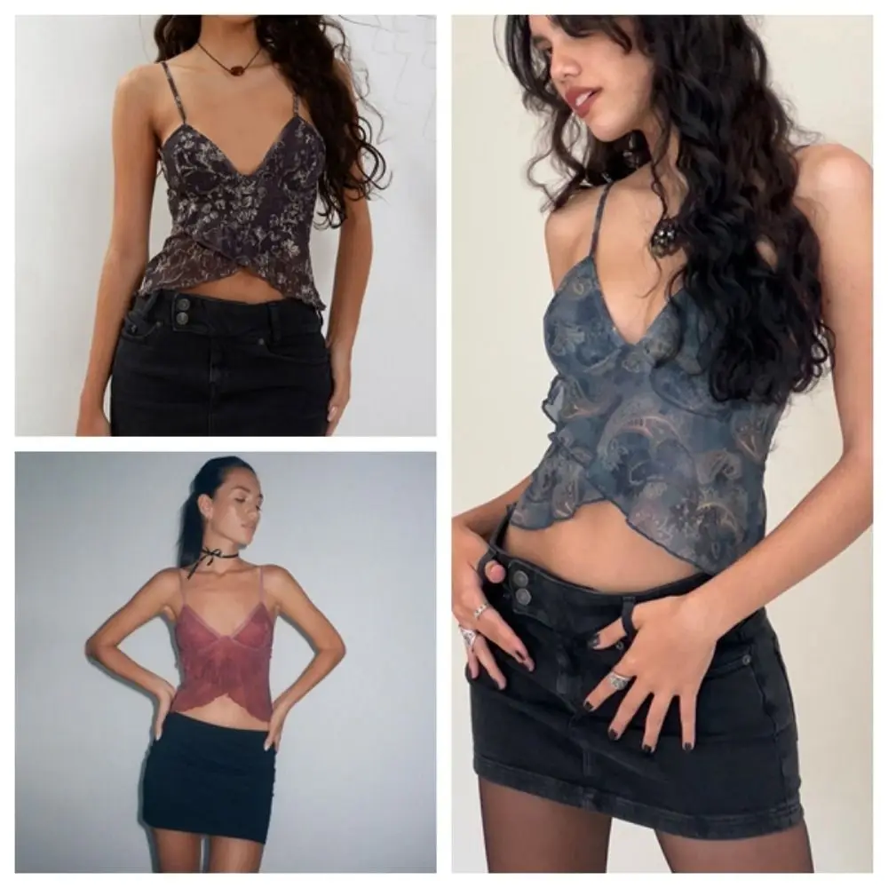 Сетчатый сетчатый прозрачный жилет с принтом на подтяжках v-образным вырезом без